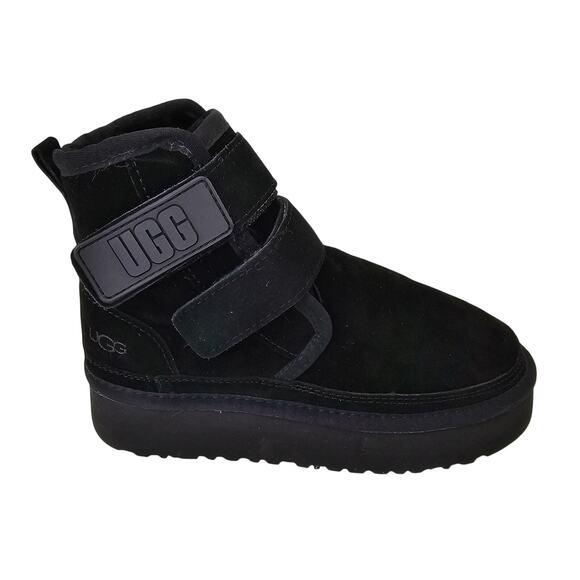 UGG Neumel Platform Ankle Boots Black Suede Straps Shearling Bootie Women's 8 - Picture 1 of 9